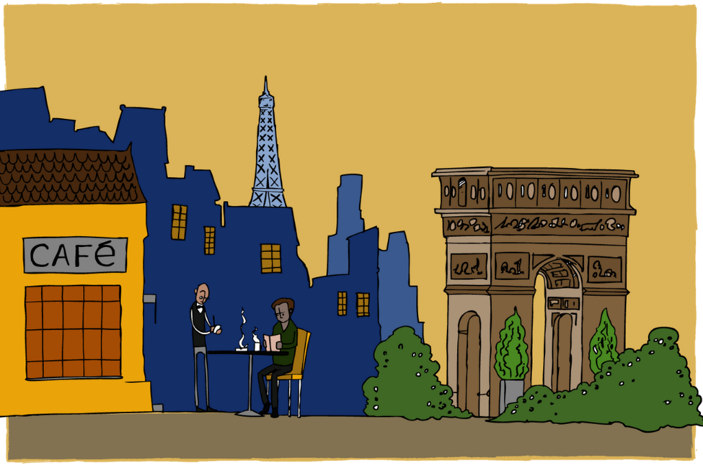 Imagem em desenho mostra um homem em um cavé em Paris. Ao fundo aparece a Torre Eiffel.